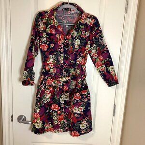 Women's Floral Button Down Mini Dress Pockets Has Belt Button Down Front